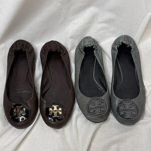 2 PAIRS Tory Burch Reva Leather Ballet Flat Brown Tortoiseshell Stingray Grey